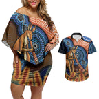 Personalised Australia Kangaroo Didgeridoo Couples Matching Off Shoulder Short Dress and Hawaiian Shirt Bottlebrush Flowers Indigenous Art