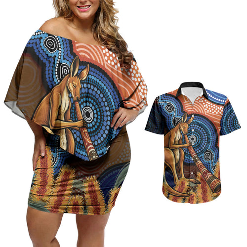 Personalised Australia Kangaroo Didgeridoo Couples Matching Off Shoulder Short Dress and Hawaiian Shirt Bottlebrush Flowers Indigenous Art