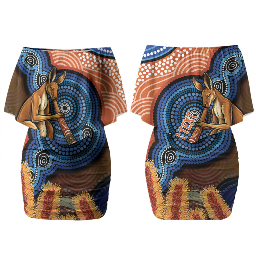 Personalised Australia Kangaroo Didgeridoo Couples Matching Off Shoulder Short Dress and Hawaiian Shirt Bottlebrush Flowers Indigenous Art