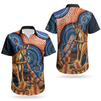 Personalised Australia Kangaroo Didgeridoo Couples Matching Off Shoulder Short Dress and Hawaiian Shirt Bottlebrush Flowers Indigenous Art