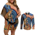 Personalised Australia Kangaroo Didgeridoo Couples Matching Off Shoulder Short Dress and Long Sleeve Button Shirt Bottlebrush Flowers Indigenous Art