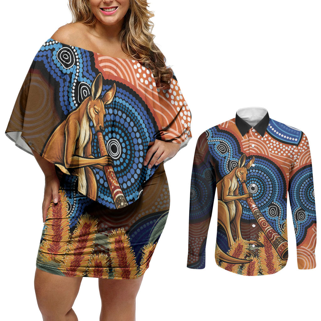 Personalised Australia Kangaroo Didgeridoo Couples Matching Off Shoulder Short Dress and Long Sleeve Button Shirt Bottlebrush Flowers Indigenous Art