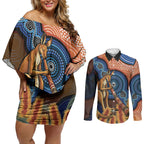 Personalised Australia Kangaroo Didgeridoo Couples Matching Off Shoulder Short Dress and Long Sleeve Button Shirt Bottlebrush Flowers Indigenous Art