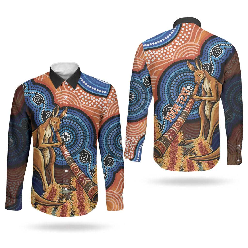 Personalised Australia Kangaroo Didgeridoo Couples Matching Off Shoulder Short Dress and Long Sleeve Button Shirt Bottlebrush Flowers Indigenous Art