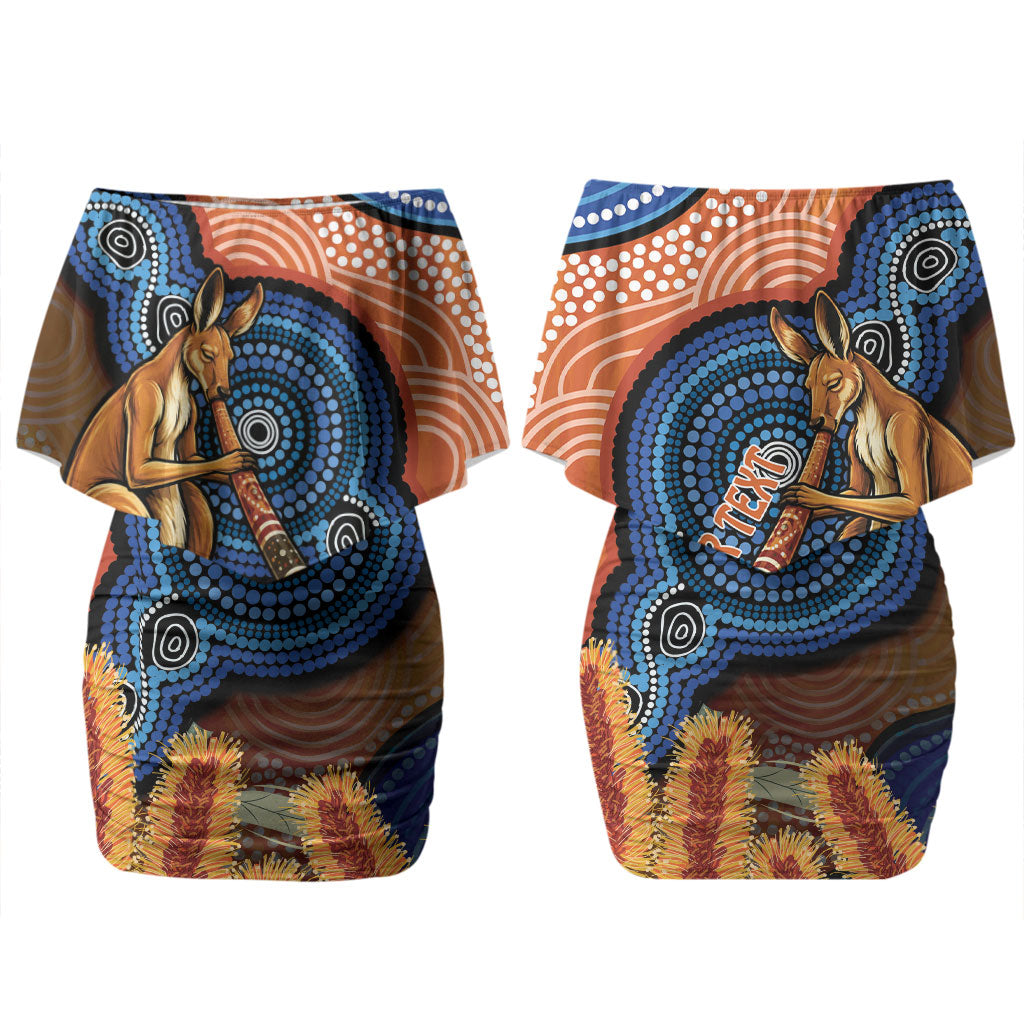 Personalised Australia Kangaroo Didgeridoo Couples Matching Off Shoulder Short Dress and Long Sleeve Button Shirt Bottlebrush Flowers Indigenous Art