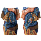 Personalised Australia Kangaroo Didgeridoo Couples Matching Off Shoulder Short Dress and Long Sleeve Button Shirt Bottlebrush Flowers Indigenous Art