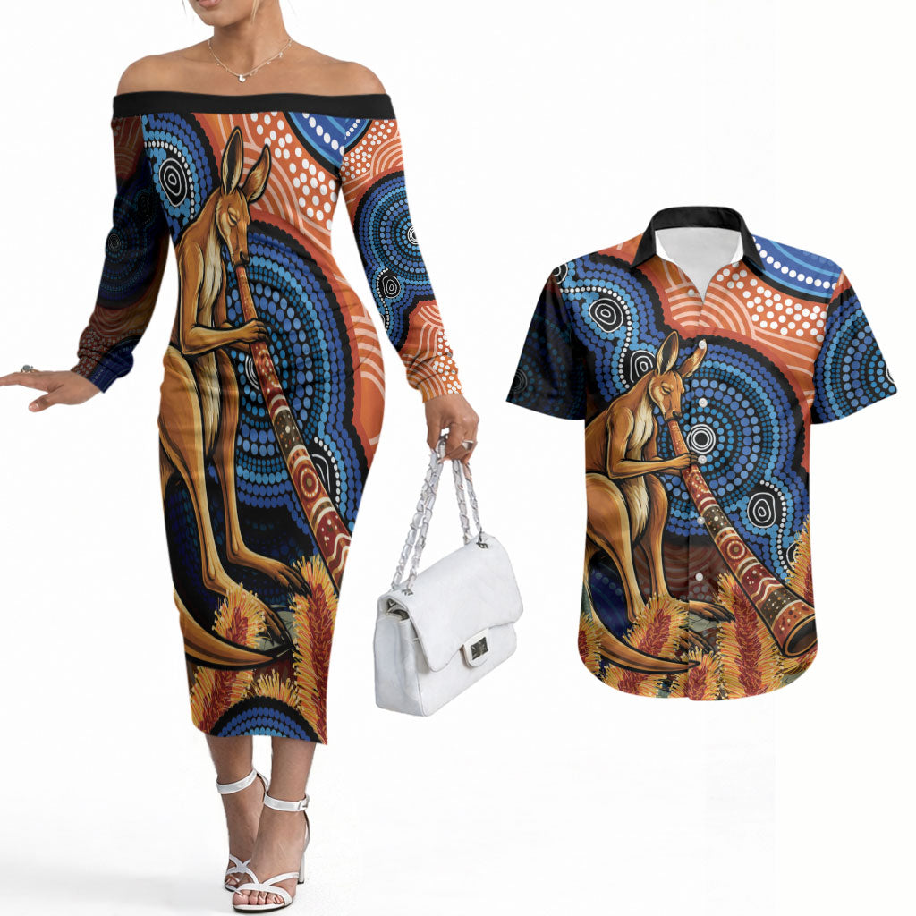 Personalised Australia Kangaroo Didgeridoo Couples Matching Off The Shoulder Long Sleeve Dress and Hawaiian Shirt Bottlebrush Flowers Indigenous Art