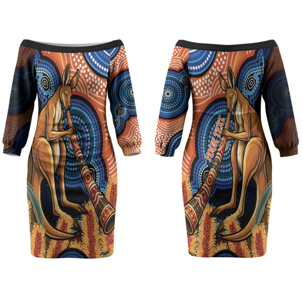 Personalised Australia Kangaroo Didgeridoo Couples Matching Off The Shoulder Long Sleeve Dress and Hawaiian Shirt Bottlebrush Flowers Indigenous Art