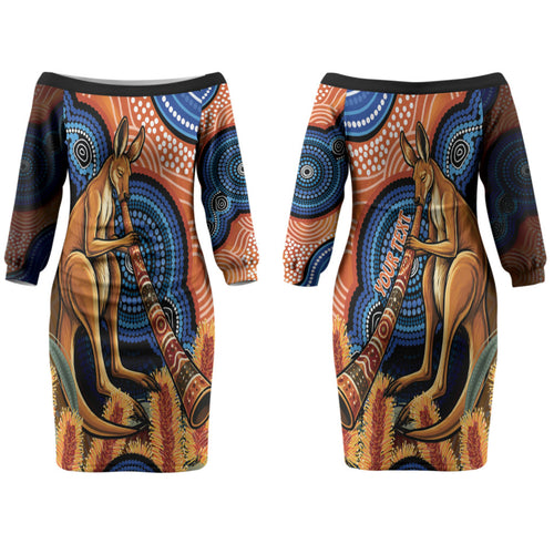 Personalised Australia Kangaroo Didgeridoo Couples Matching Off The Shoulder Long Sleeve Dress and Hawaiian Shirt Bottlebrush Flowers Indigenous Art