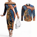 Personalised Australia Kangaroo Didgeridoo Couples Matching Off The Shoulder Long Sleeve Dress and Long Sleeve Button Shirt Bottlebrush Flowers Indigenous Art