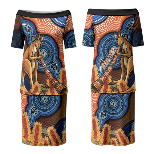 Personalised Australia Kangaroo Didgeridoo Couples Matching Puletasi and Hawaiian Shirt Bottlebrush Flowers Indigenous Art