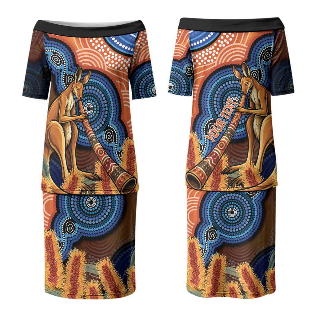 Personalised Australia Kangaroo Didgeridoo Couples Matching Puletasi and Long Sleeve Button Shirt Bottlebrush Flowers Indigenous Art