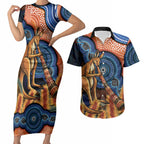 Personalised Australia Kangaroo Didgeridoo Couples Matching Short Sleeve Bodycon Dress and Hawaiian Shirt Bottlebrush Flowers Indigenous Art