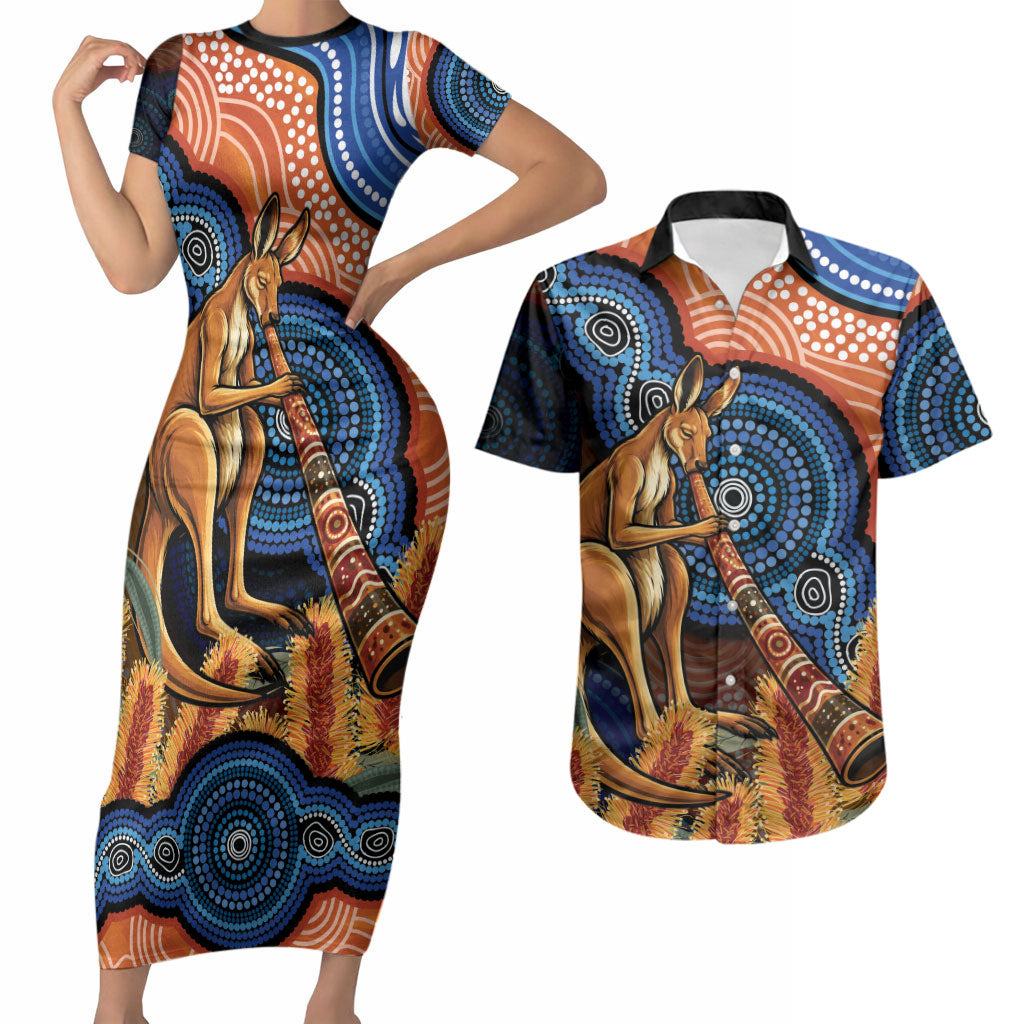 Personalised Australia Kangaroo Didgeridoo Couples Matching Short Sleeve Bodycon Dress and Hawaiian Shirt Bottlebrush Flowers Indigenous Art
