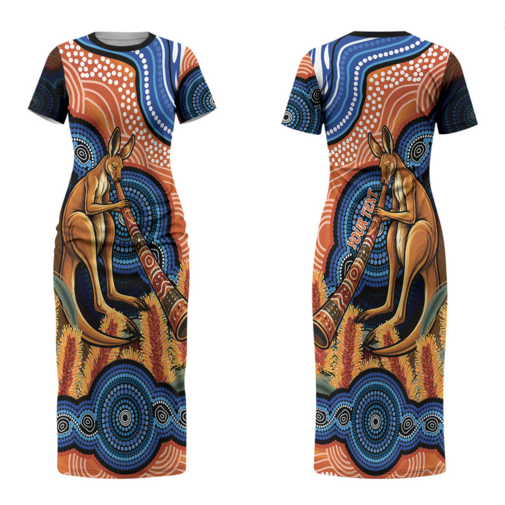 Personalised Australia Kangaroo Didgeridoo Couples Matching Short Sleeve Bodycon Dress and Hawaiian Shirt Bottlebrush Flowers Indigenous Art