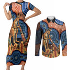 Personalised Australia Kangaroo Didgeridoo Couples Matching Short Sleeve Bodycon Dress and Long Sleeve Button Shirt Bottlebrush Flowers Indigenous Art