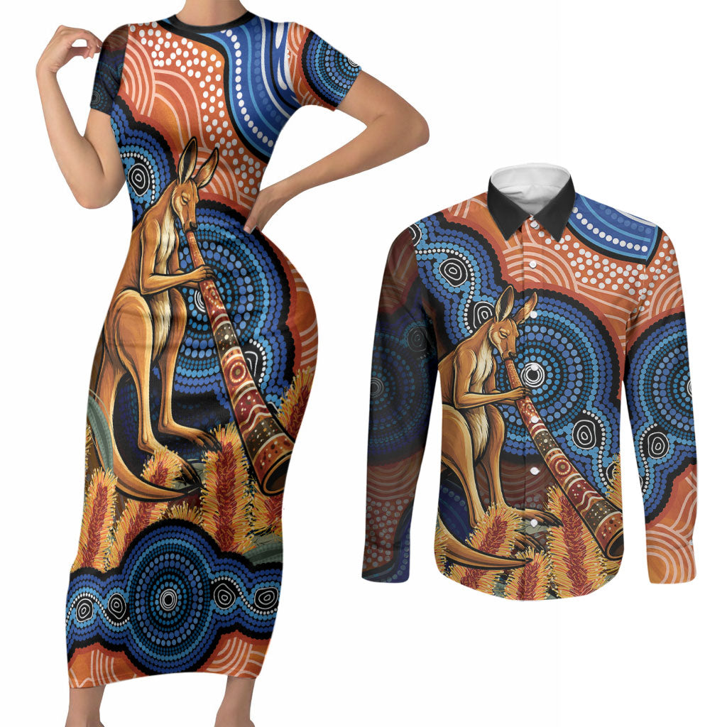 Personalised Australia Kangaroo Didgeridoo Couples Matching Short Sleeve Bodycon Dress and Long Sleeve Button Shirt Bottlebrush Flowers Indigenous Art