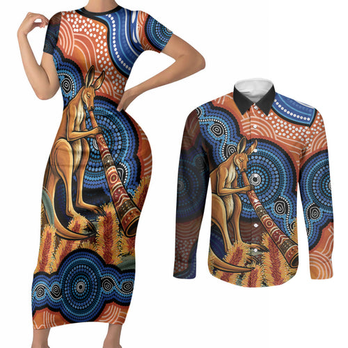 Personalised Australia Kangaroo Didgeridoo Couples Matching Short Sleeve Bodycon Dress and Long Sleeve Button Shirt Bottlebrush Flowers Indigenous Art