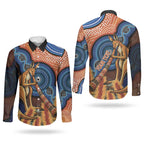 Personalised Australia Kangaroo Didgeridoo Couples Matching Short Sleeve Bodycon Dress and Long Sleeve Button Shirt Bottlebrush Flowers Indigenous Art