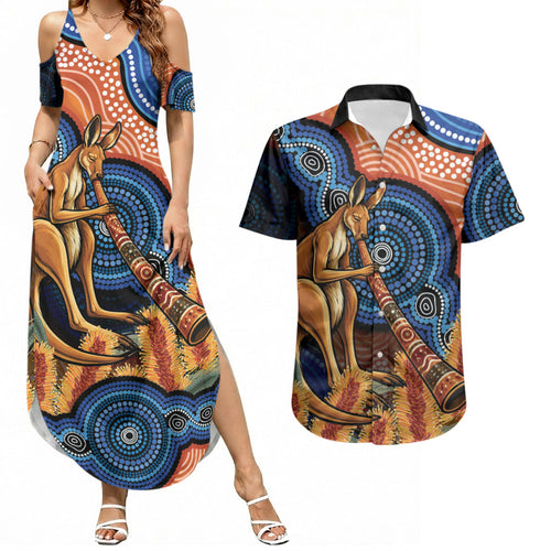 Personalised Australia Kangaroo Didgeridoo Couples Matching Summer Maxi Dress and Hawaiian Shirt Bottlebrush Flowers Indigenous Art
