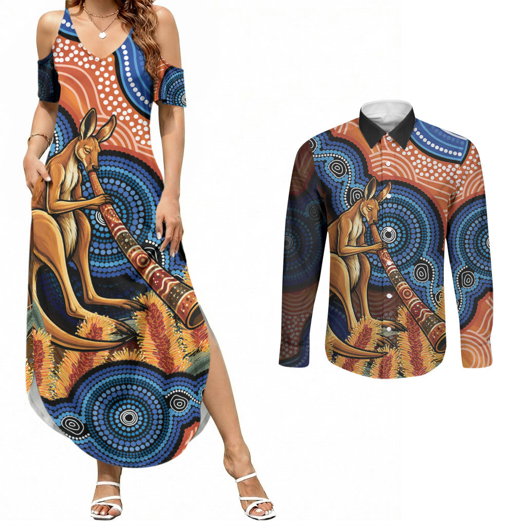 Personalised Australia Kangaroo Didgeridoo Couples Matching Summer Maxi Dress and Long Sleeve Button Shirt Bottlebrush Flowers Indigenous Art