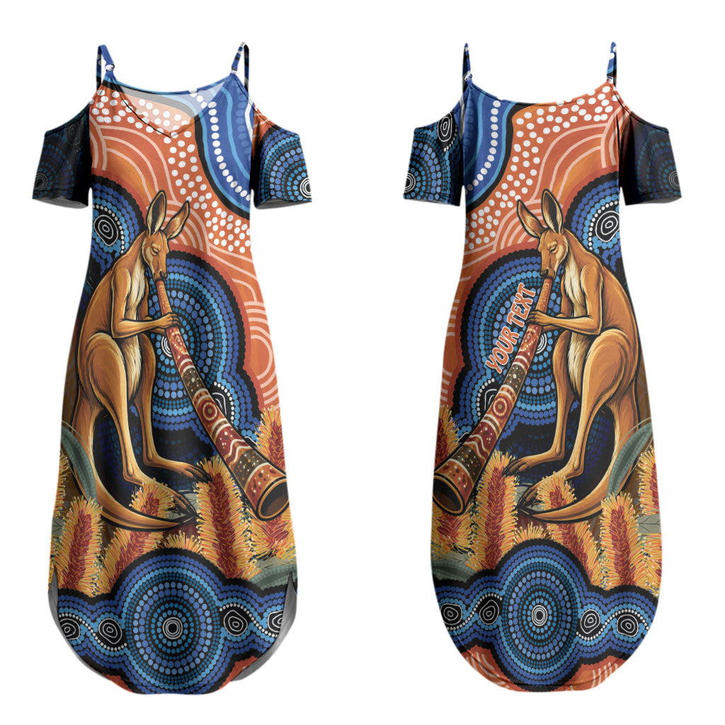 Personalised Australia Kangaroo Didgeridoo Couples Matching Summer Maxi Dress and Long Sleeve Button Shirt Bottlebrush Flowers Indigenous Art