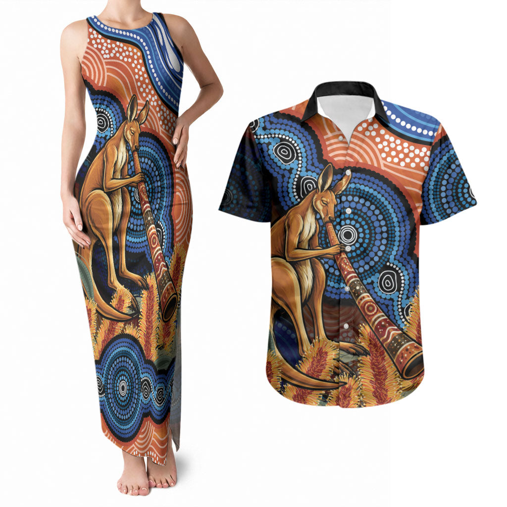 Personalised Australia Kangaroo Didgeridoo Couples Matching Tank Maxi Dress and Hawaiian Shirt Bottlebrush Flowers Indigenous Art