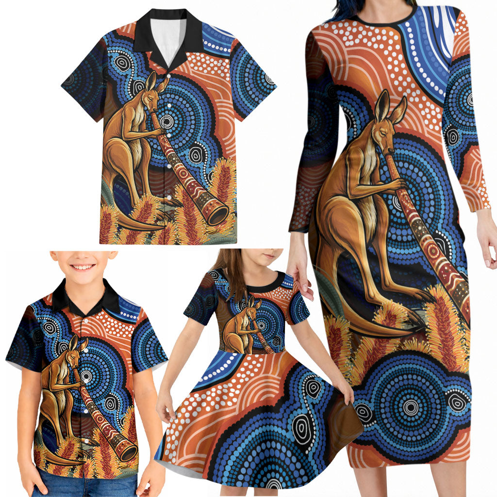 Personalised Australia Kangaroo Didgeridoo Family Matching Long Sleeve Bodycon Dress and Hawaiian Shirt Bottlebrush Flowers Indigenous Art