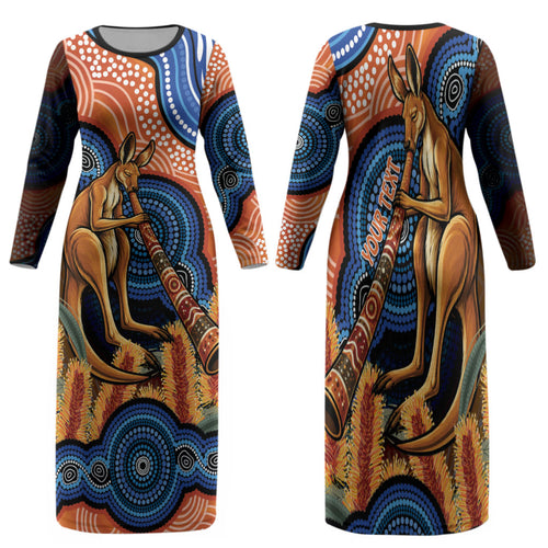 Personalised Australia Kangaroo Didgeridoo Family Matching Long Sleeve Bodycon Dress and Hawaiian Shirt Bottlebrush Flowers Indigenous Art