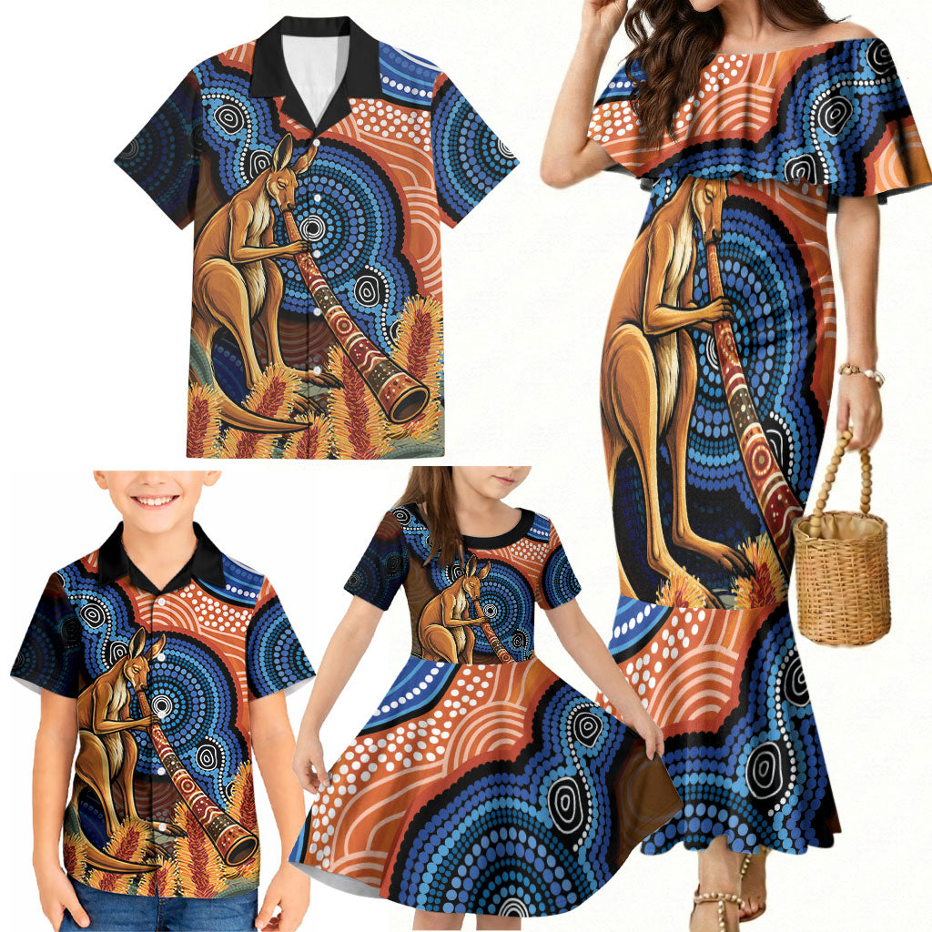 Personalised Australia Kangaroo Didgeridoo Family Matching Mermaid Dress and Hawaiian Shirt Bottlebrush Flowers Indigenous Art