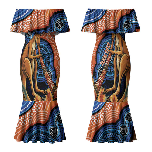 Personalised Australia Kangaroo Didgeridoo Family Matching Mermaid Dress and Hawaiian Shirt Bottlebrush Flowers Indigenous Art