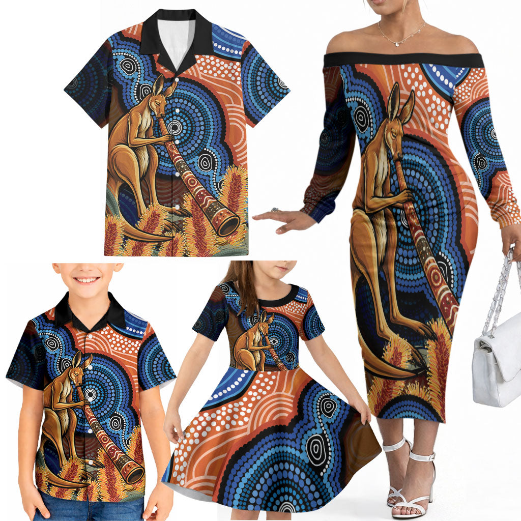 Personalised Australia Kangaroo Didgeridoo Family Matching Off The Shoulder Long Sleeve Dress and Hawaiian Shirt Bottlebrush Flowers Indigenous Art