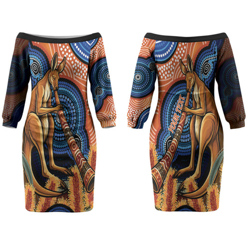Personalised Australia Kangaroo Didgeridoo Family Matching Off The Shoulder Long Sleeve Dress and Hawaiian Shirt Bottlebrush Flowers Indigenous Art