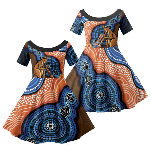 Personalised Australia Kangaroo Didgeridoo Family Matching Off The Shoulder Long Sleeve Dress and Hawaiian Shirt Bottlebrush Flowers Indigenous Art
