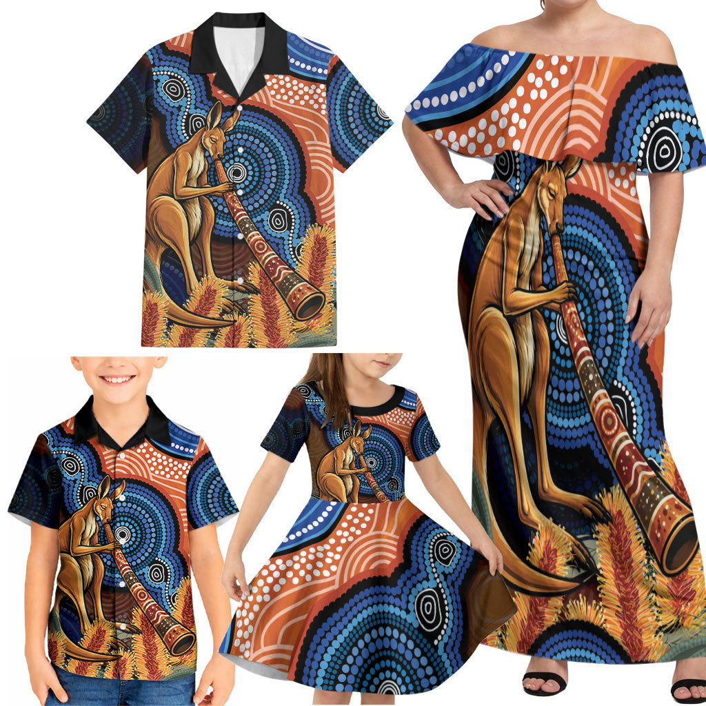 Personalised Australia Kangaroo Didgeridoo Family Matching Off Shoulder Maxi Dress and Hawaiian Shirt Bottlebrush Flowers Indigenous Art