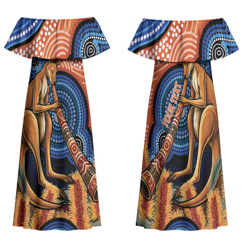 Personalised Australia Kangaroo Didgeridoo Family Matching Off Shoulder Maxi Dress and Hawaiian Shirt Bottlebrush Flowers Indigenous Art