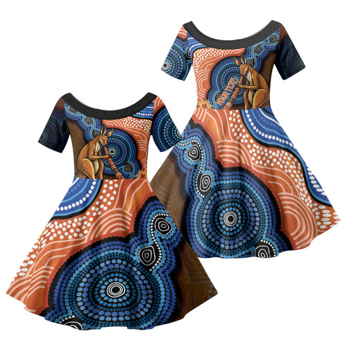 Personalised Australia Kangaroo Didgeridoo Family Matching Off Shoulder Maxi Dress and Hawaiian Shirt Bottlebrush Flowers Indigenous Art