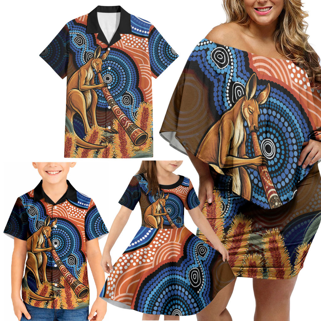 Personalised Australia Kangaroo Didgeridoo Family Matching Off Shoulder Short Dress and Hawaiian Shirt Bottlebrush Flowers Indigenous Art
