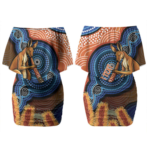 Personalised Australia Kangaroo Didgeridoo Family Matching Off Shoulder Short Dress and Hawaiian Shirt Bottlebrush Flowers Indigenous Art