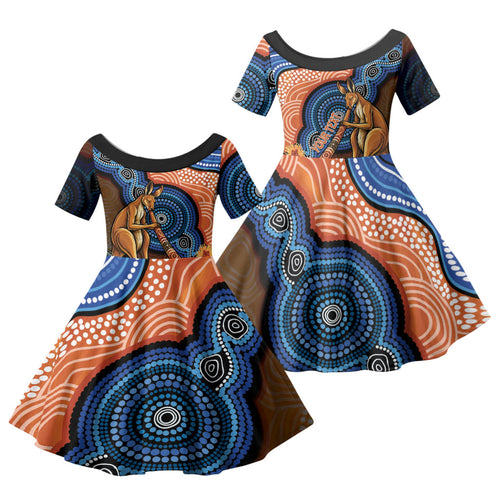 Personalised Australia Kangaroo Didgeridoo Family Matching Off Shoulder Short Dress and Hawaiian Shirt Bottlebrush Flowers Indigenous Art