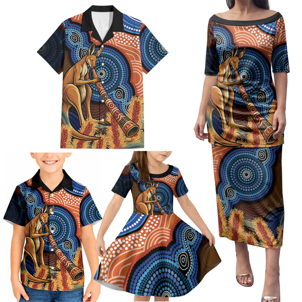 Personalised Australia Kangaroo Didgeridoo Family Matching Puletasi and Hawaiian Shirt Bottlebrush Flowers Indigenous Art