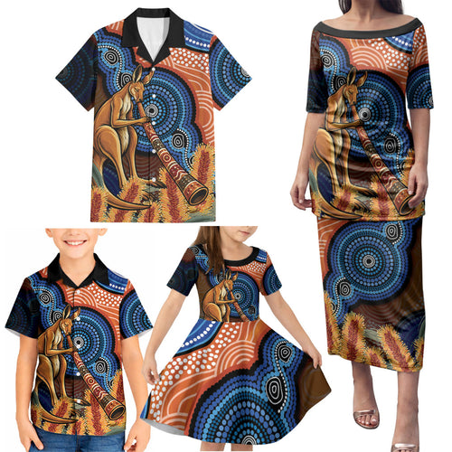 Personalised Australia Kangaroo Didgeridoo Family Matching Puletasi and Hawaiian Shirt Bottlebrush Flowers Indigenous Art
