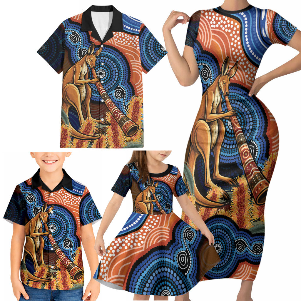 Personalised Australia Kangaroo Didgeridoo Family Matching Short Sleeve Bodycon Dress and Hawaiian Shirt Bottlebrush Flowers Indigenous Art