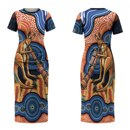 Personalised Australia Kangaroo Didgeridoo Family Matching Short Sleeve Bodycon Dress and Hawaiian Shirt Bottlebrush Flowers Indigenous Art