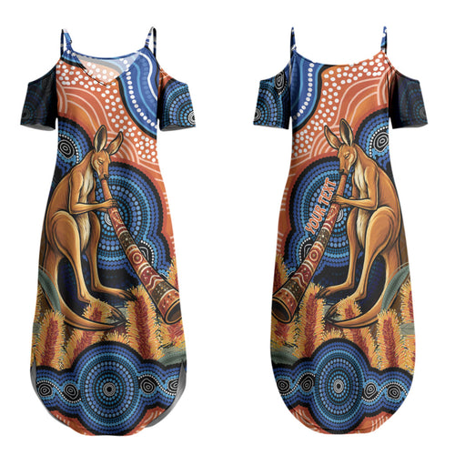 Personalised Australia Kangaroo Didgeridoo Family Matching Summer Maxi Dress and Hawaiian Shirt Bottlebrush Flowers Indigenous Art