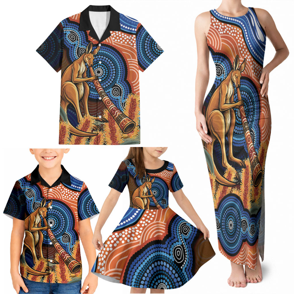 Personalised Australia Kangaroo Didgeridoo Family Matching Tank Maxi Dress and Hawaiian Shirt Bottlebrush Flowers Indigenous Art