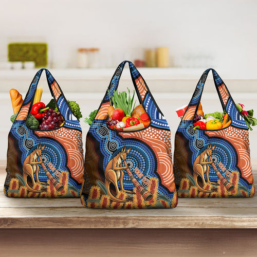 Personalised Australia Kangaroo Didgeridoo Grocery Bag Bottlebrush Flowers Indigenous Art