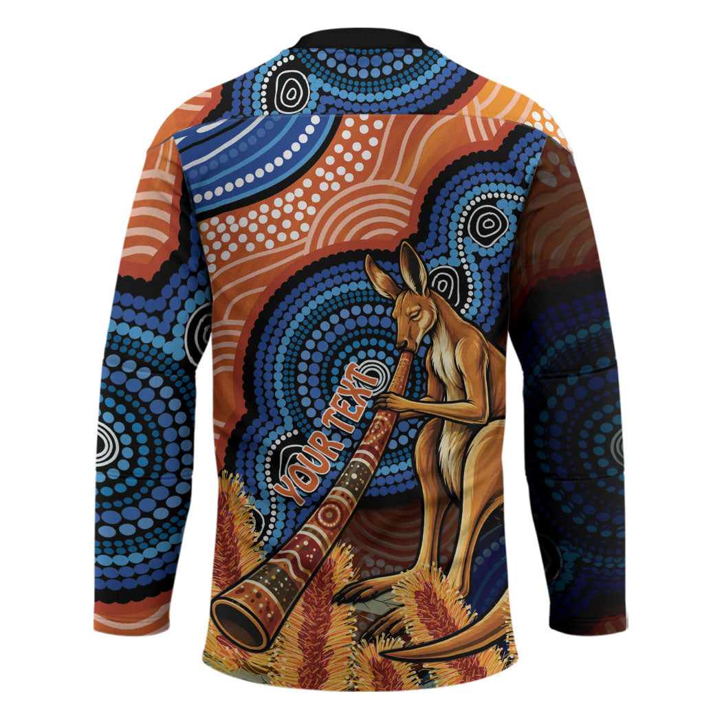 Personalised Australia Kangaroo Didgeridoo Hockey Jersey Bottlebrush Flowers Indigenous Art