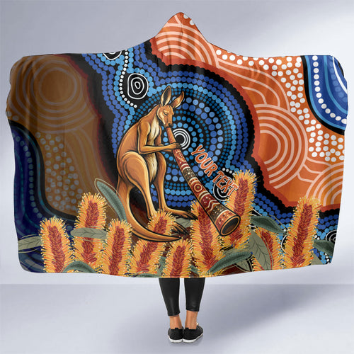 Personalised Australia Kangaroo Didgeridoo Hooded Blanket Bottlebrush Flowers Indigenous Art