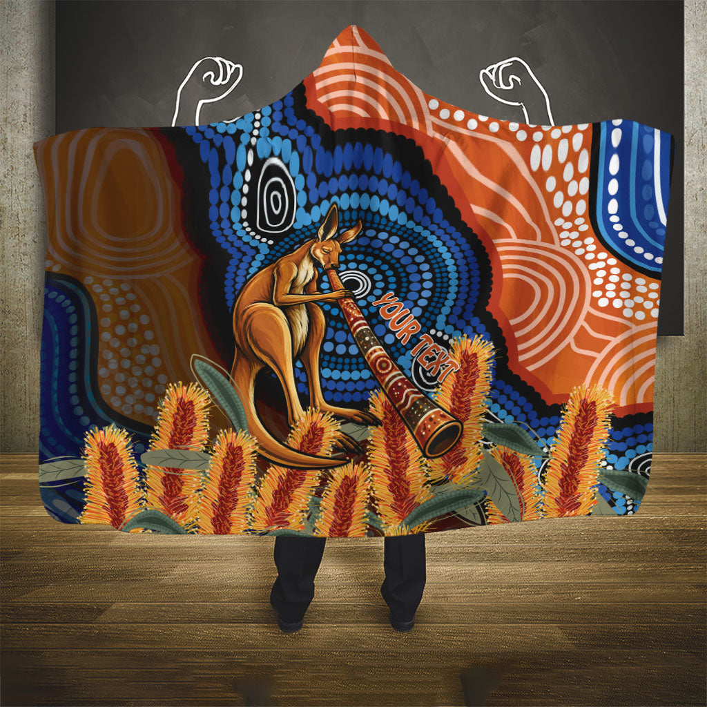 Personalised Australia Kangaroo Didgeridoo Hooded Blanket Bottlebrush Flowers Indigenous Art